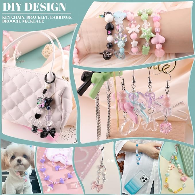 400-450PCS TINKRSTUFF Assorted Acrylic Beads For Bracelet Making, Cute Beads For Jewelry Making Flower Bow Butterfly Candy Gummy Bear Kawaii Aesthetic Beads,DIY Necklace Keychain Phone Charm(6 Colors)