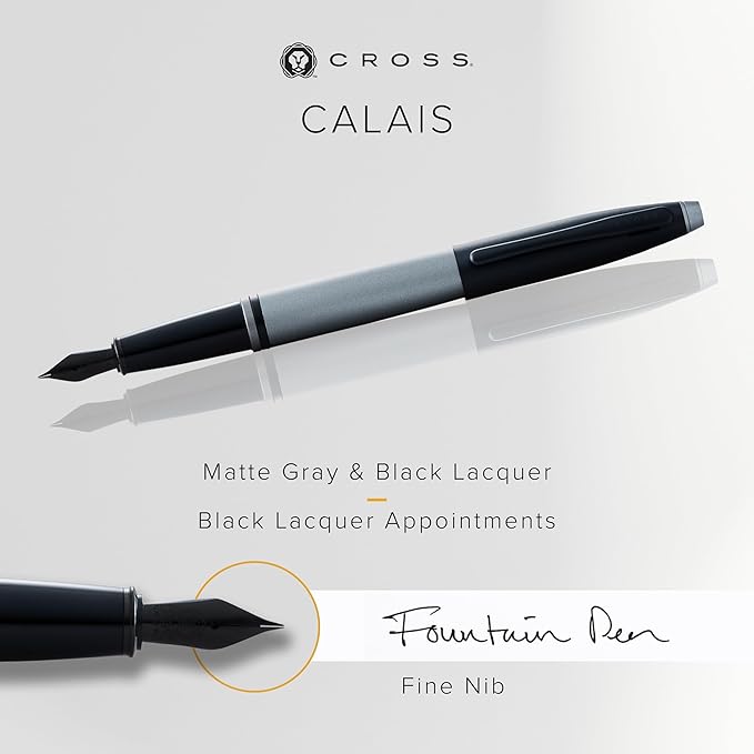 Cross Calais Refillable Fountain Presented in a Luxury Gift Box - Medium Point, Black Ink, Matte Gray & Black