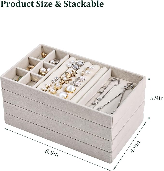 Stackable Jewelry Organizer Trays with Removable Dividers, 6-Tray Beige Jewelry Drawer Organizer Set for Earrings, Necklaces, Rings & Bracelets Gift for Her