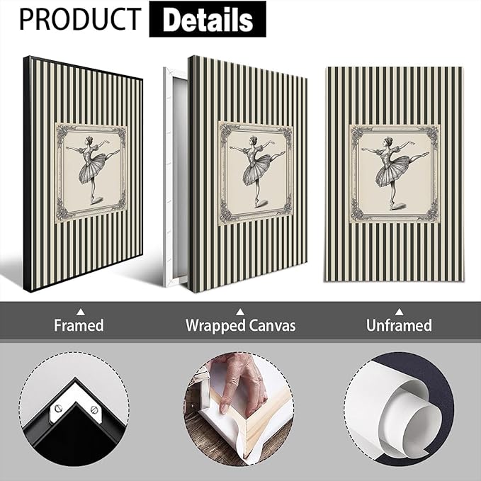 Canvas Wall Art Vintage Ballerina Art – Elegant Ballet Striped Posters for Sports Lovers Aesthetic Room Decor Family Wall Decor Prints 12X18 in Wrapped Framed