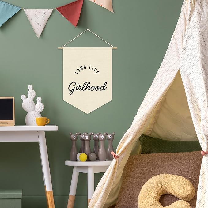 Girls Room Decor, Long Live Girlhood Linen Canvas Banner, Minimalist Girl Nursery Wall Hanging Pennant Flag Banner for Girl Toddler Kids Room Bedroom Dorm Decor, 15x11in