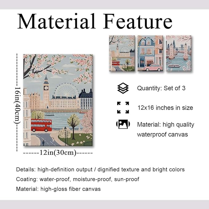 XLARTMY Watercolor City Landscape Travel Wall Art Canvas Framed Pink Cherry Flower Poster Girly Prints Painting Pictures Set of 3 for Bedroom Living Room Office 12x16in