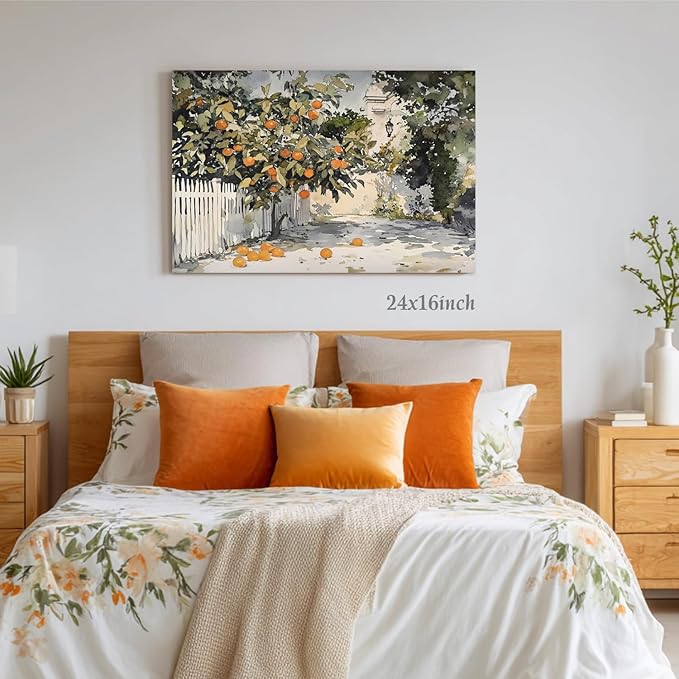 LLEEMPI Framed Orange Tree Wall Art, Country Botanical Wall Decor, Vintage Fruit Canvas Painting, Rustic Farmhouse Poster Print for Kitchen Bathroom Bedroom Living Room Office 12x16 Inch