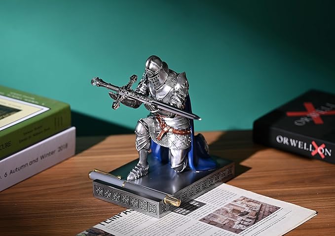 King's Guard Leader Cloak Warrior Knight Pen Holder Mobile Phone Stand, Ornament Knight Statue, Pen Stand Paperweight for Office and Home (SilverBlue)