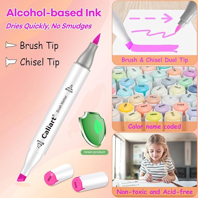Caliart Markers Brush & Chisel, 18 Colors Alcohol Markers for Adult Coloring Book, Dual Tip Art Pen Set for Artist Illustration Sketch Drawing Gift