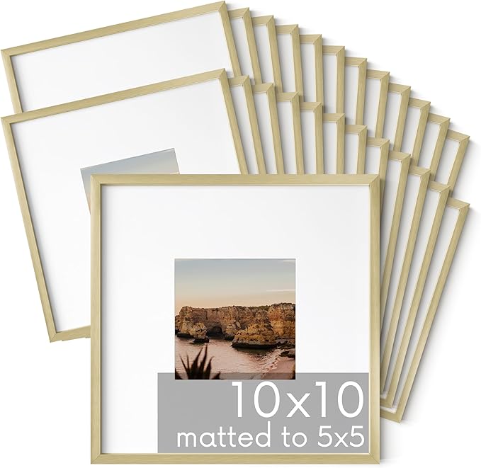 HAUS AND HUES 10x10 Gold Metal Picture Frames Matted to 5x5 - Premium Aluminum with Hanging Hardware, Shatterproof Plexiglass - Ideal for Home or Office (10x10 in, Gold, Set of 25)