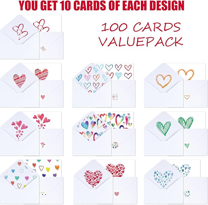 Tenceur 100 Pack Assorted Blank Note Cards with Envelopes and Stickers Heart Greeting Cards 4 x 6 Inch Stationary Postcards for Valentine's Day Office Home Business Supplies (Heart)