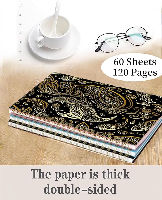 Spiral Journal Notebook,A5 Hardcover Lined Journals for Women 6 x 8.3 in,60 Sheets 120 Pages Thick Paper,Cute College Ruled Writing Notebook for Office Work School(Gold Paisley)