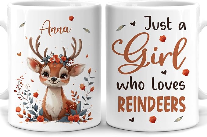Hyturtle Personalized Cute Reindeer Coffee Mug - Gift for Animal Lover - Just A Girl Who Loves Reindeers - Custom Ceramic Cup 11oz - 15oz