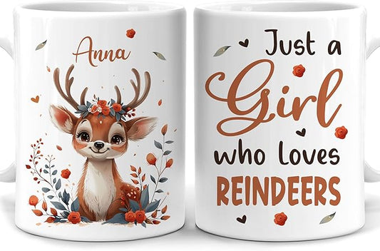 Hyturtle Personalized Cute Reindeer Coffee Mug - Gift for Animal Lover - Just A Girl Who Loves Reindeers - Custom Ceramic Cup 11oz - 15oz