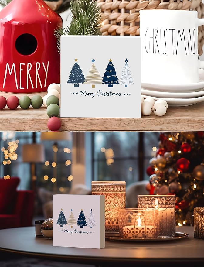 Navy Blue and Gold Christmas Tree Wooden Box Sign, Preppy Christmas Desk Decor, Merry Xmas Tree Winter Holiday Wood Signs for Home Office Desk Shelf Tabletop Decor, 5x5 Inch Decorative Signage