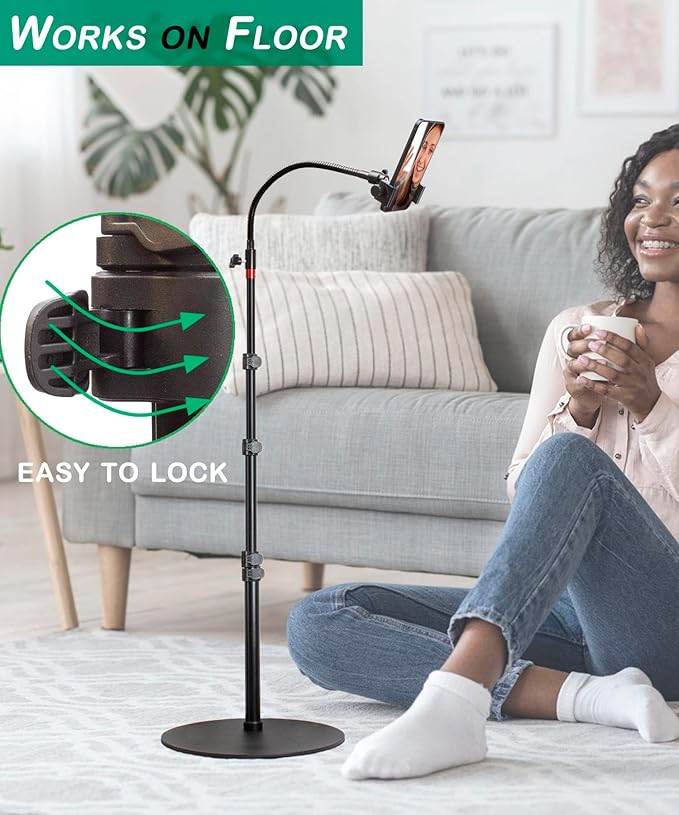 Tall Video Cell Phone Mount with Height Adjustable Stand, Heavy Base, 360 Head - Compatible with iPhone 16, 16 Pro Max, 16 Plus, 15, 14, 13