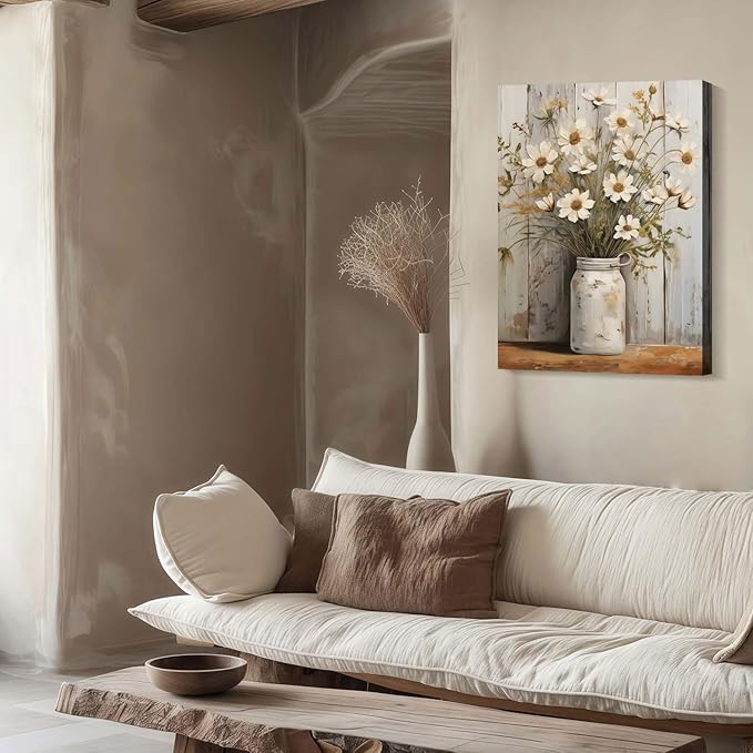 Framed Daisy Jar Vintage Flowers Wall Art Decor Canvas Print Country Poster Gallery Picture Country Plants Farmhouse Art Painting Kitchen Bathroom Living Room Decor 16x24 Inch Ready to Hang