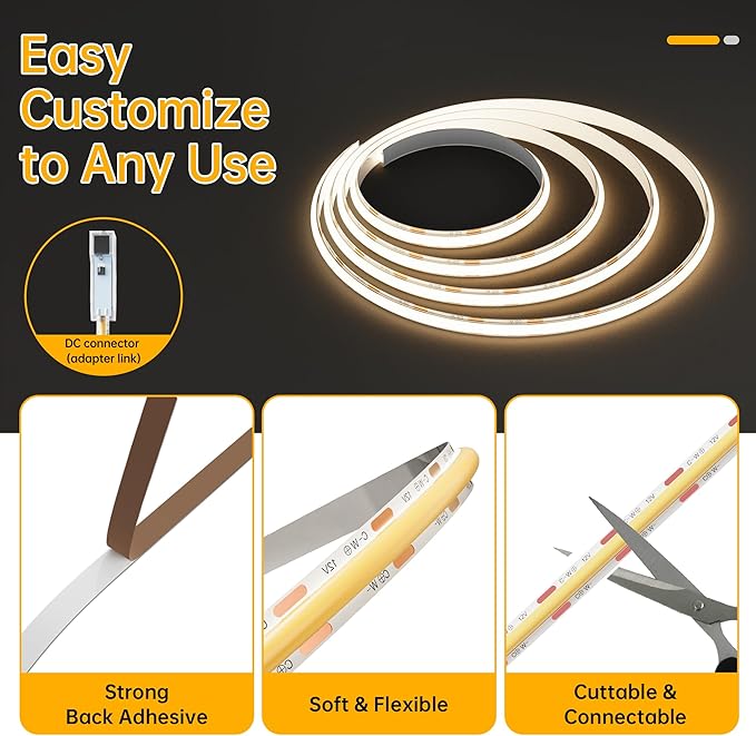 CtrlCV COB 24V LED Strip Light, Adjustable Brightness Strip Light, 16.4ft, CRI90+, DC Connector, for DIY Home Lighting, Living Room, Bedroom (with 18-Key IR Remote Control, Adapter) (4000K, 16.4ft)