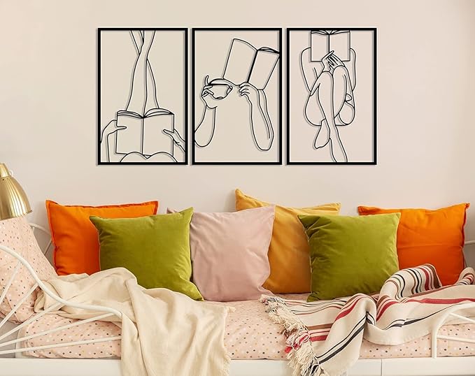 Set of 3 Bookish Metal One Line Art, Woman Reading Book, Minimal Artwork, Feminine Art, Aesthetic Room Decor, Book Lover Art, Above Bed Decor, Home Decor (Gold, 13.8 x 28.1” / 35 x 71.44 cm (total size))