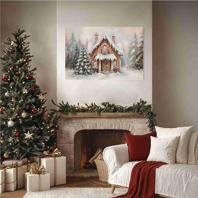 Snowy Cabin Wall Art Christmas Landscape Print Watercolor House Poster Festive Holiday Canvas Print Rustic Winter Scene Wall Decor Indoor Decor for Living Room Bedroom Kitchen Cabin Christmas Holiday