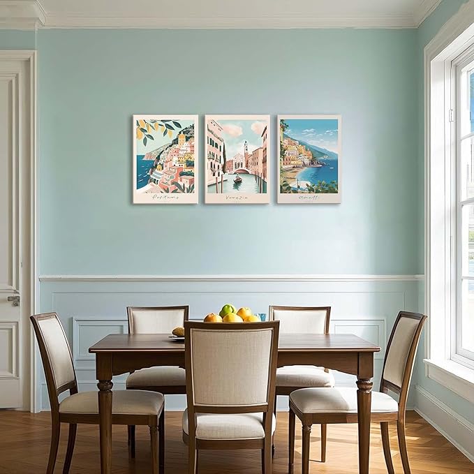XLARTMY Italy Amalfi Coast Travel Posters Wall Art Framed Canvas Decor City Landscape Blue Venice Coast Painting Beach Modern Artwork for Living Room Bedroom Bathroom Office Set of 3 12x16in