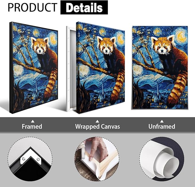 Red Panda Canvas Wall Art, Creative Starry Night Oil Painting Reproduction, Funny Panda Picture Classic Blue Aesthetic Poster, Famous Artist Artwork Print Animal Lover Gift 8x12in Wrapped Canvas