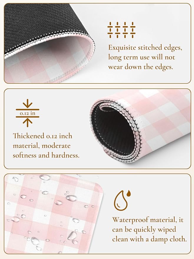 Cute Pink Mouse Pad,Retro Checkered Pattern Mousepad,Square Aesthetic Plaid Waterproof Grid Mouse Mat Design, Non-Slip Rubber Base Computer Funny Boho Mouse Pads, Desk Accessories,Light Pink
