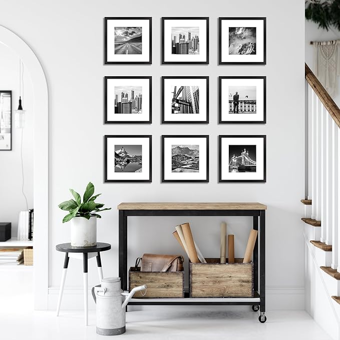 12x12 Picture Frame Set of 9, Photo Gallery Wall Frame Set, Display Pictures 8x8 with Mat or 12 x 12 Without Mat, Square Frame Picture Frames Collage Wall Decor, Black