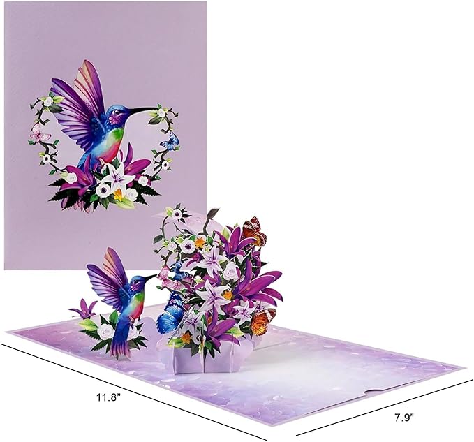 Greeting Card Hummingbird with Lilies and Butterflies 3D Pop-Up Cards Handmade Birthday Flower Gift for Women, Mom, Wife, Men 6x8 Inches Aniversary Wedding Christmas Gifts