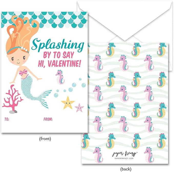 Paper Frenzy Mermaid Themed Valentine Cards WITH ENVELOPES - 25 Pack