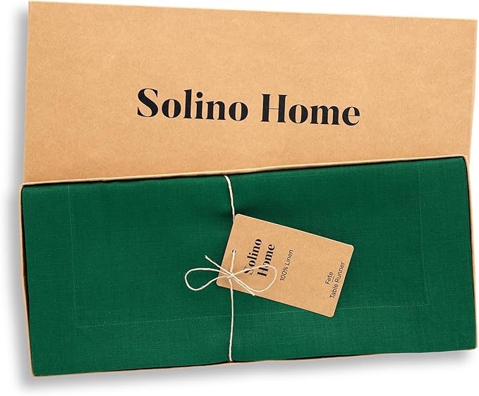 Solino Home Linen Table Runner 60 Inches - 100% Pure Linen Christmas Green Table Runner 14 x 60 Inch Ideal for Dresser and Coffee Tables, St Patricks Day - Fete