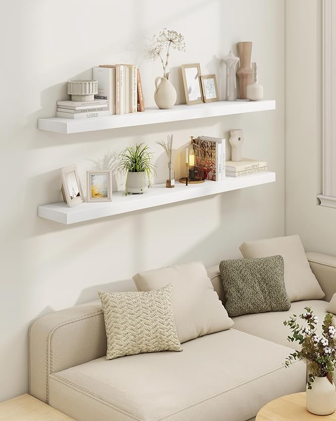 Marsmiles 40" Floating Shelves for Wall, Wooden Shelves with Invisible Brackets Set of 2, Rustic Farmhouse Wall Mounted Shelf for Kitchen Bathroom Living Room Study, White