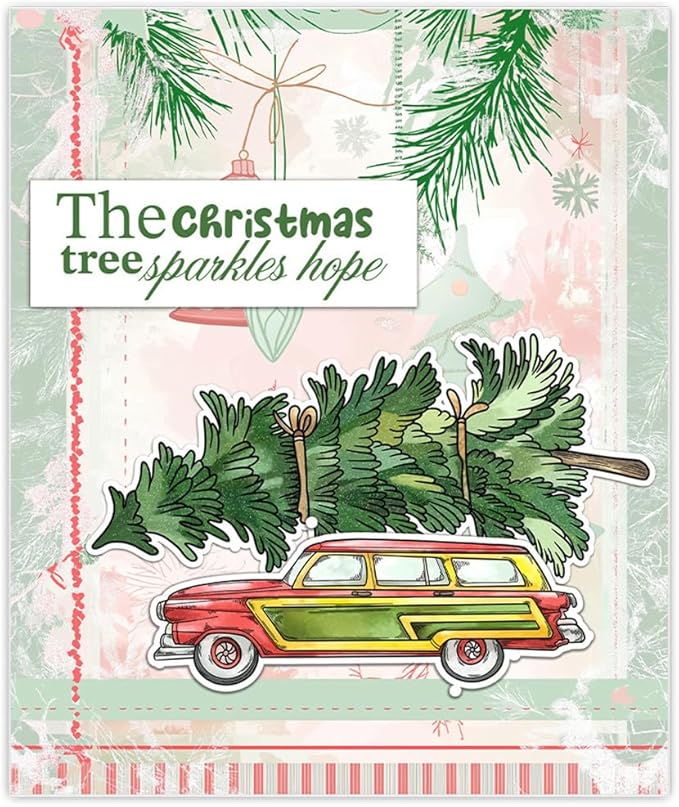 Car Christmas Tree Box Stamps and Cutting Dies for Card Making DIY Transparent Silicone Clear Stamp and Metal Die Cuts Sets for Scrapbooking Paper Greeting Cards Decor Seals Craft Supplies