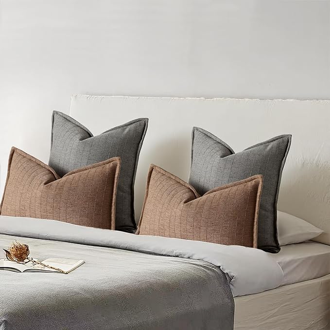 26x26 Linen Euro Sham Pillow Covers Grey Pack of 2 Farmhouse Boho Neutral Accents Striped Textured Square Decorative Throw Pillow Cases for Living Room Couch Bed Home Decor