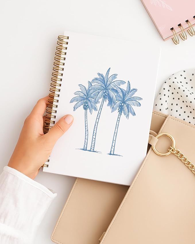 Tropical Palm Tree Notebook, Coastal Beach Journal, Blue Beachy Journal for Writing, Beach Lover Gifts for Women Men, Ocean Aesthetic Spiral Notebook, 5.5x8.3 Inch 554