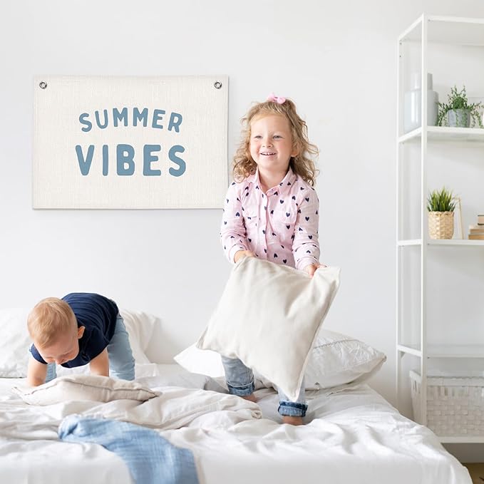 Coastal Beach Summer Vibes Kids Room Decor - Linen Banner Wall Hanging Canvas Banner Flag Decor for Kids Toddler Bedroom Nursery Playroom