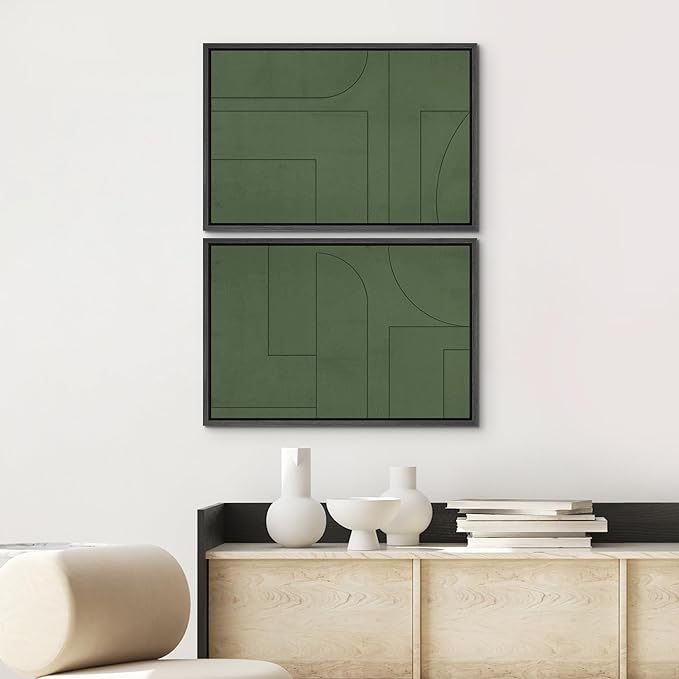 SIGNWIN Framed Canvas Print Wall Art Set Green Mid-Century Polygon Landscape Abstract Shapes Digital Art Modern Art Decorative Minimalism Vintage for Living Room, Bedroom, Office - 16"x24"x2 Black