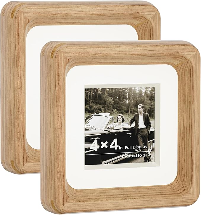 HELPLEX 4x4 Matted to 3x3 Square Picture Frame Set of 2 - Natural Oak Wood with HD Tempered Glass, Convertible Design for Wall or Tabletop Display - Art Gallery & Luxury Home Office Decor