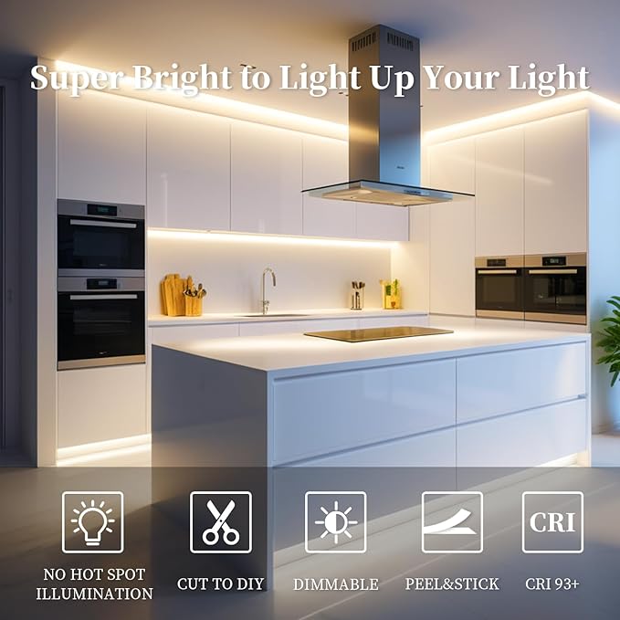 iNextStation 16.4FT 5M Warm White COB LED Strip Light, 3000K DC12V CRI 93+ Led Lights Strips, 1600LEDs Dimmable Strip Lights, Flexible LED Tape Lights for TV Backlight, Bedroom(with Plug)