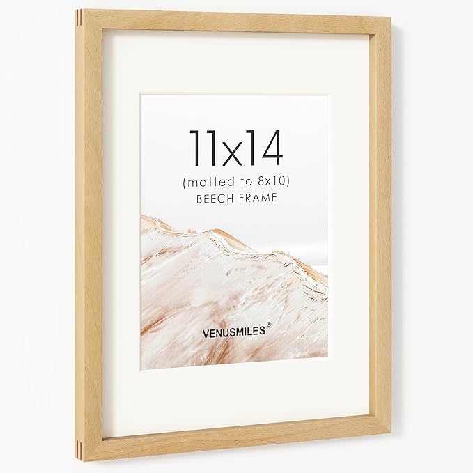 11x14 Picture Frame, USA-Sourced Natural Beech Wood Photo Collage Frame with HD Tempered Glass, Modern Simple 11 x 14 Wooden Frame Matted to 8x10, Vertical & Horizontal Wall Hanging Display