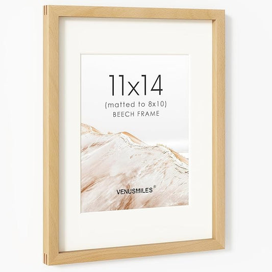 11x14 Picture Frame, USA-Sourced Natural Beech Wood Photo Collage Frame with HD Tempered Glass, Modern Simple 11 x 14 Wooden Frame Matted to 8x10, Vertical & Horizontal Wall Hanging Display