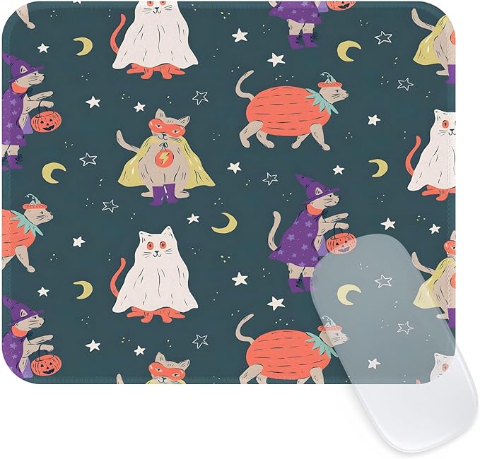 Seorsok Halloween Funny Cat Mouse Mat,Pumpkin Decor Mouse Pads for Office Laptop,Washable Square Mousepads with Extended Stitched Edges Non Slip Rubber Base 9.5"x7.8"x0.12" Inch,Dark Green