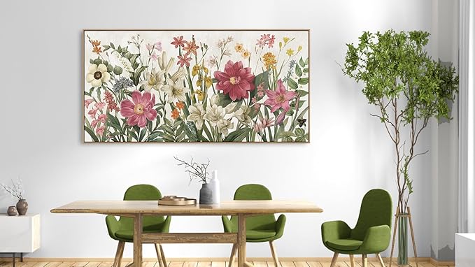 arteWOODS Botanical Framed Wall Art - Flowers Canvas Pictures Wall Decor Wildflowers Plants Painting Artwork Red Beige Blooming Floral Prints for Living Room Bedroom 48 x 24in Natural Wood Frame