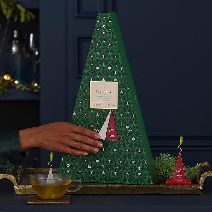 Tea Forte Herbal Tea Advent Calendar Gift Set; 24 Individually Wrapped Handcrafted Assorted Pyramid Infuser Tea Bags with Numbered Doors, Warming Joy (Herbal)