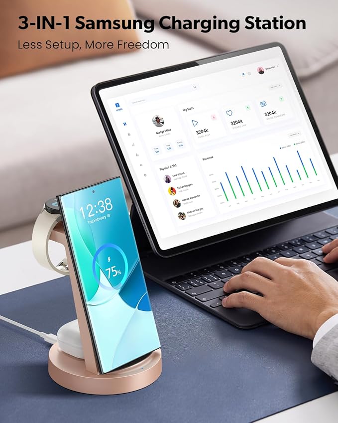 Wireless Charger for Samsung: 3 in 1 Wireless Charging Station for Samsung Galaxy Watch 8 7 6 5 4 3 Pro Classic Galaxy Buds - Charger Dock Stand for S25 S24 Ultra S23 S22 S21 Note Z Fold Android