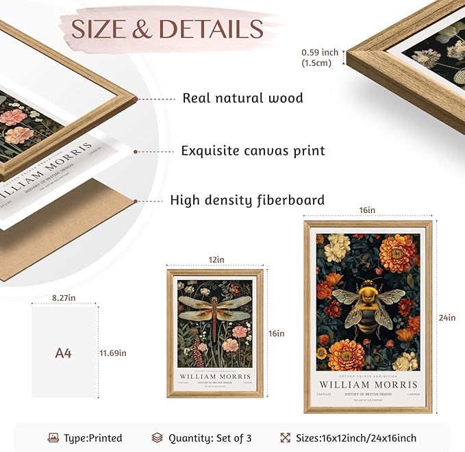 Hianan William Morris Animal Botanical Canvas Wall Art, Vintage Dragonfly Bee Butterfly Poster Prints, Maximalist Nature Flower Aesthetic Pictures for Living Room Bedroom Wood Framed 12"x16"x3