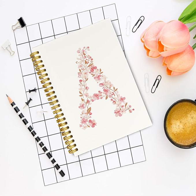Pink Cute Spiral Notebook Journal, Preppy Floral Initial Letter A Personalized Journaling Notebooks, Monogrammed Gifts for Women Girls, Botanical Hardcover Spiral Lined Notebook 5.5 x 8.3