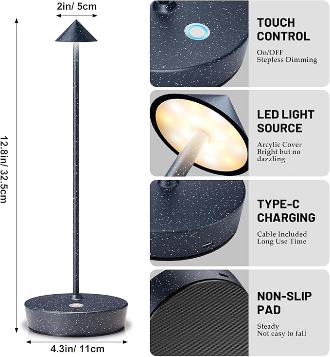 2Pack Rechargeable Cordless Table Lamp, Portable Powered LED Battery 6000mAh Metal USB Desk Lamp, 3 Levels Brightness Light for Restaurants Outdoor (2pack Blue White)
