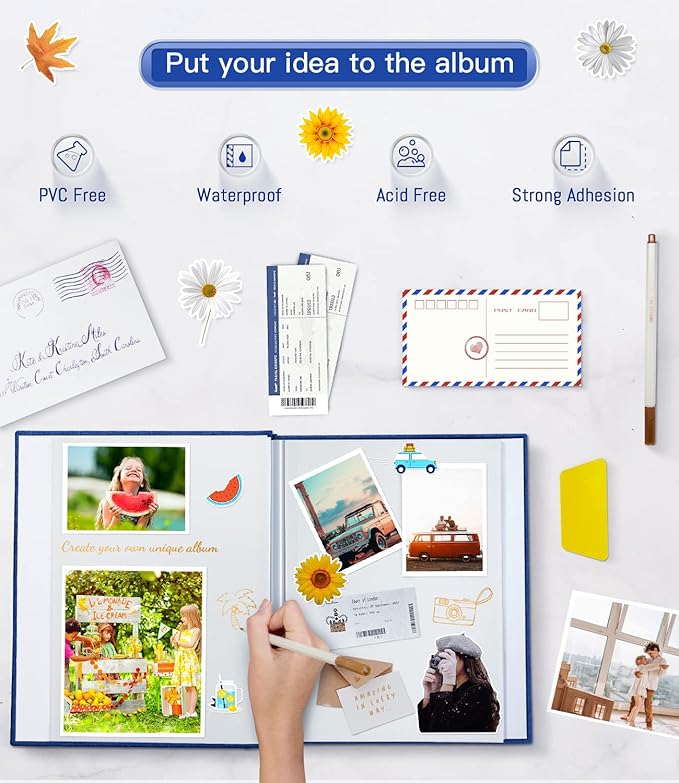 popotop Photo Album Self Adhesive with Picture Display Window,40 Pages DIY Scrapbooking Supplies Kit for 4x6 8x10 Picture,Linen Cover Memory Book for Baby Wedding, with Scraper and Metallic Pen