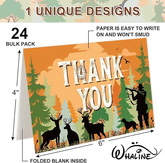 Whaline 24 Pack Hunting Camo Thank You Cards Greeting Cards with Envelopes Stickers Camouflage Camping Deer Blank Note Card for Birthday Baby Shower Party Supplies