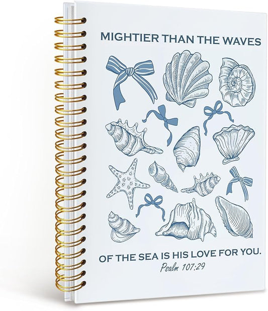 MOFUYU Bible Journal for Women,Blue Coquette Notebook for Girls, Aesthetic Stationery Gift, Cute Beach Seashell,Christian Spiral Notepad A5,Ocean Vibes Writing Journal for Teens Women 5.5x8.3 Inch