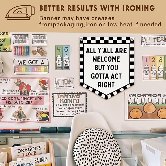 Lacama Car room decor, Vintage Checkered Wall Hanging Banner for Boys Girls Kids Room Playroom Bedroom Classroom College Dorm Decor, All Y'all Are Welcome But You Gotta Act Right Banner，wlcome banner
