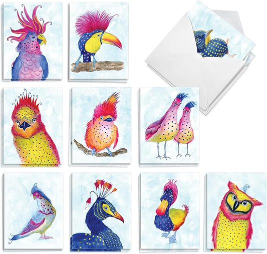 The Best Card Company 20 Assorted Blank Notecards Bulk Box Set 4 x 5.12 Inch with Envelopes (10 Designs, 2 Each) Funky Birds AM11015OCB-B2x10
