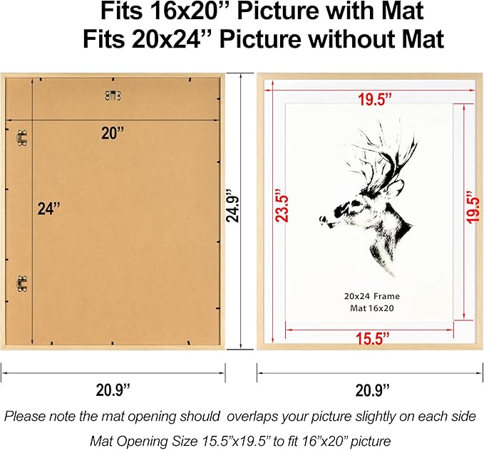 Yaetm 20x24 Picture Frame with Mat for 16x20 Set of 4, Natural Solid Oak Wood Frame for Wall Gallery, Photos, Posters & Art Prints, Horizontal and Vertical Wall Mount (4 pack, Oak)